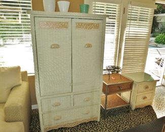 Wicker Armoire, and two Night Stands