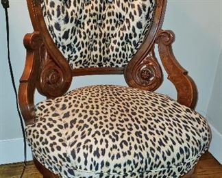 Pair, Late 19th. C. Eastlake Inlaid Side Chairs w/ Faux Cheetah Upholstery