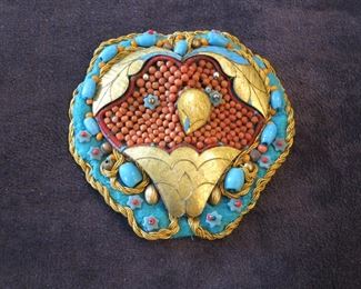 Eva's Turquoise and Coral Beaded Brooch
