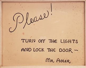 Priceless sign from the projection booth of this house when it was owned by Buddy Adler, head of Production at 20th. C. Fox.