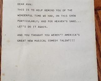 Eva's Personal Note from Lee Hale, Emmy-Nominated Musical Director of the Dean Martin Show (she was never on  that).  This was found in the case of a 3/4" tape of the "Tennessee Ernie Ford Show"