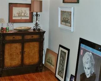 Five of Eva's Antique Hand-colored Ethings and her Poster; Burled Antique-Style Cabinet