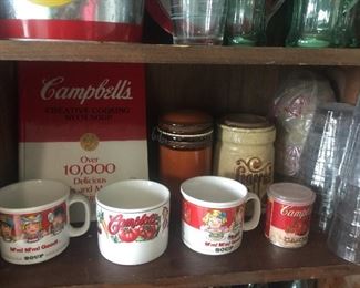 Assorted Collectible Campbell Soup Mugs, Cookbook, Glassware