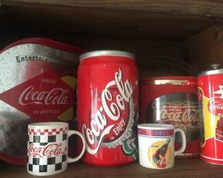 Assorted Collectible Coca Cola Items, Coffee Mugs, Cannister, Tin Tray, Ice Bucket, Straw Holder