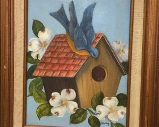 Oil on Canvas Blue Bird on Birdhouse of Dogwood Tree