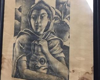 Modernist Artist Abstract Litho by Edmund Kinzinger Texas Artist Signed 1941 Mexican Woman 9/24