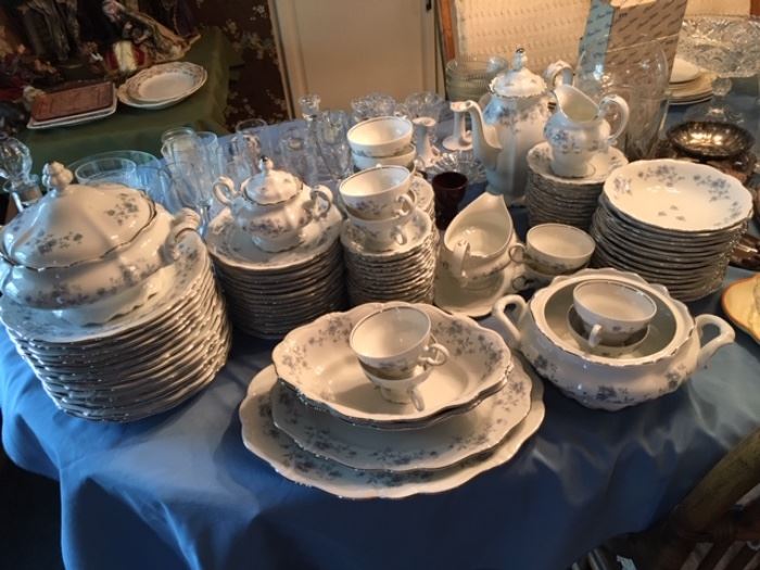 Johann Haviland Blue Garland with footed cups and coupe soups. Large plates, luncheon plates, dessert plates, fruit bowls, too. MOST of a service for 16. Double vegetable bowls and casseroles with handles (missing one lid); coffee server, sugar and creamer, two platters.