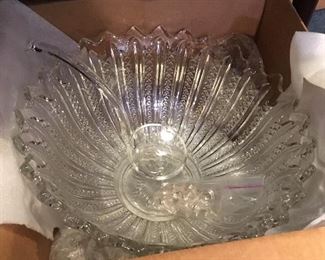 Heavy large leaded crystal or cut glass punch bowl (not sure which) with matching glass ladle, 12 cups and hooks.