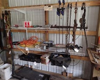 Wire Shelving Unit. Mechanics Creeper. Electrical Cords.Straps.Circular Saw. 