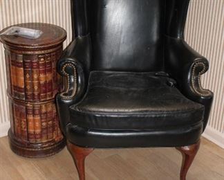 Nail Head Chair and Round Book Cabinet