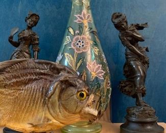 Piranha, Bronze Statues, Czech Hand Painted Hand Blown Glass Vase 
