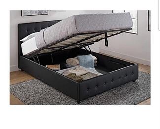 DHP Cambridge Upholstered Faux Leather Platform Bed with Wooden Slat Support and Under Bed Storage, Button Tufted Headboard Queen Size - Black and Black Queen Headboard