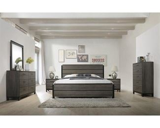 Ioana 187 Antique Grey Finish Wood Bed Room Set, King Size Bed, Dresser, Mirror, 2 Night Stands, Chest
