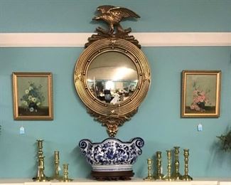 Federal Style Giltwood Mirror, Brass Candlesticks