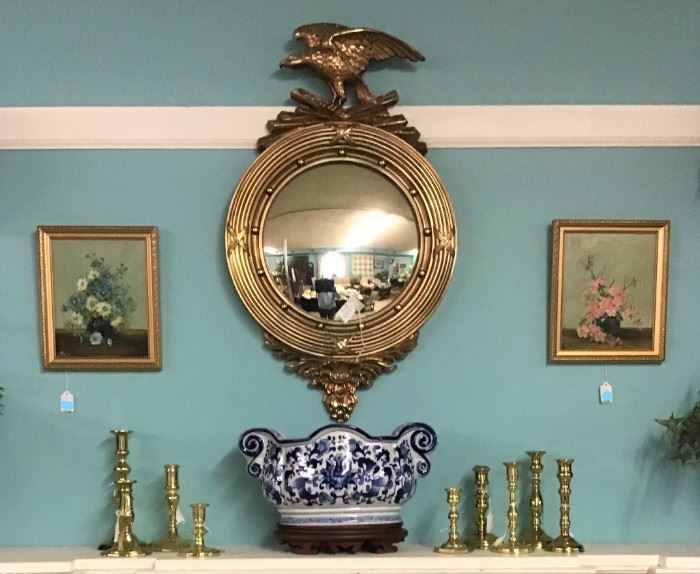 Federal Style Giltwood Mirror, Brass Candlesticks