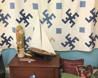 Whirlagig Pattern Quilt, Woodcarved Mariner, Sailboat, Wood Pelican