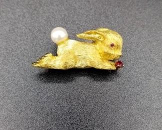 18K gold bunny pin with pearl and ruby accents