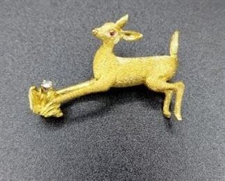 Deer brooch - does not have a mark but tests for 18K gold like the others in the same collection. Diamond tests positive with diamond tester as well. 