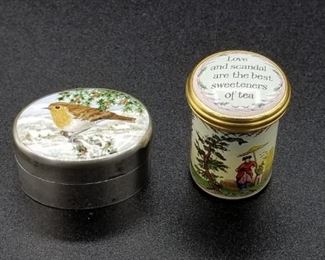 sterling silver porcelain trinket box on left, enameled trinket box on right