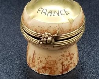 Limoges enameled trinket box - champagne cork shape