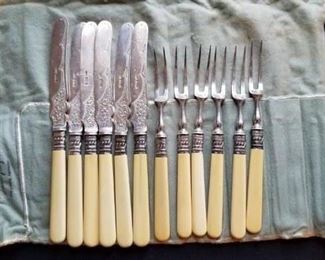 12 piece sterling and Bakelite cocktail fork and knife set