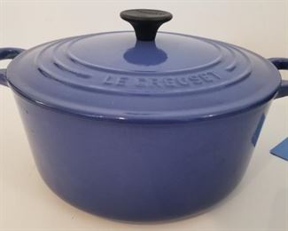 Le Creuset dutch oven , blue, labeled #22 which appears to be 3.5 quart