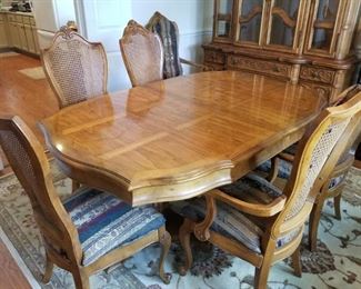 Dining room table and 6 chairs, table is shown here at smallest size 67" x 44", comes with 2 18-inch leaves 