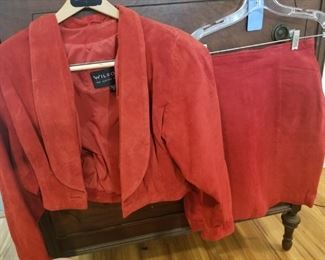 Wilson's Leather red suede cropped jacket and matching miniskirt (size 10)
