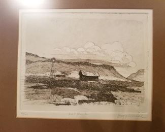 "Lost Ranch" etching by Guy J. Connell, signed and numbered 22/100, measures 9" x 7", with frame measures 16" x 15"