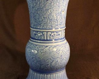Chinese Blue Porcelain Vase with Carved Foolion