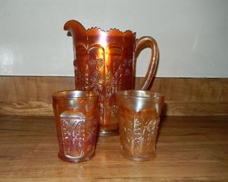 BEAUTIFUL  CARNIVAL ORANGE PITCHER & 2 TUMBLERS