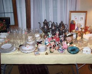 PARTIAL HAVILAND SET, CLEAR STEMWARE, ROYAL DOULTON FIGURINES, LENOX & MISC.