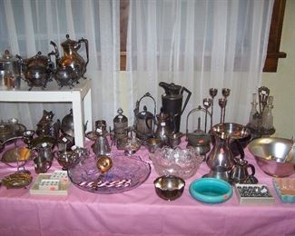 TABLE OF SILVER-PLATED ITEMS, CUT GLASS & MISC.