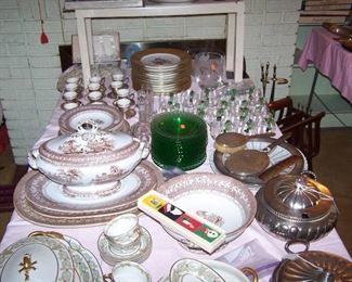 SET OF GOLD-RIM CZECH SERVICE PLATES, SILVER DEMIS WITH LENOX LINERS, BROWN TRANSFER IRONSTONE, COLORED GLASSWARE & MORE