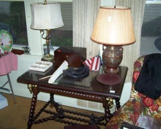 TWISTED-LEG TABLE, CHAMPLEVE LAMP & MISC.