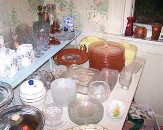 PINK "DOGWOOD" GRILLE PLATES & OTHER GLASS & CHINA