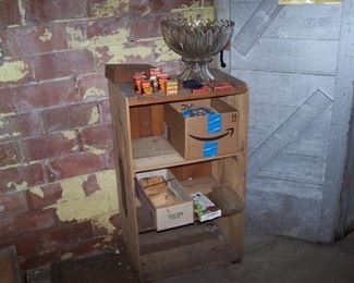 OLD SPICE TINS, PRESSED GLASS PUNCH BOWL & LARGE WOODEN CRATE