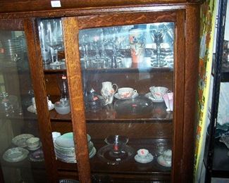 OAK CHINA CABINET--OLD FINISH & MISC. SMALLS