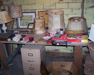TWO-DRAWER FILE, OLD LAMPS, GAMES & MISC.