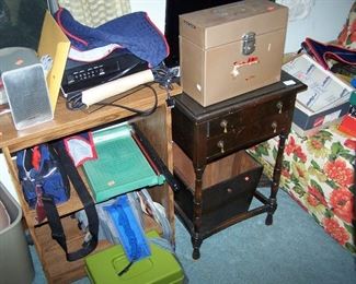 WOODEN WASTEBASKET, TWO DRAWER STAND & MISC.
