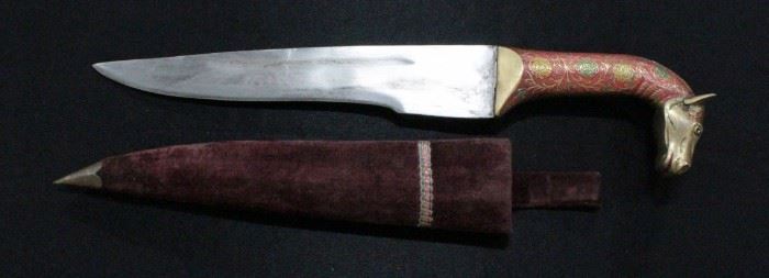Knife With Ornate Brass Horse Head Handle 18"OL With Cloth Covered Sheath