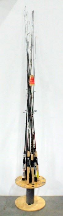 Assorted Fishing Rods Including Echelon, Abu Garcia, Zebco And More. Some New. Qty. 15 With Stand