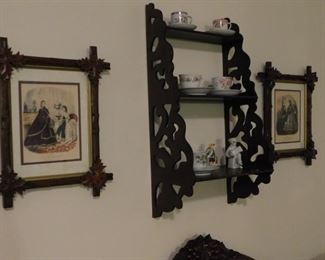 Antique Prints with Decorated Frames/Old Wall Shelf