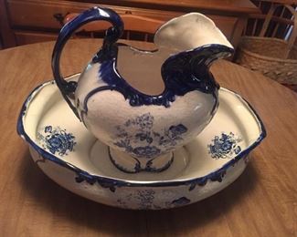 Blue and White Pitcher and Bowl Set