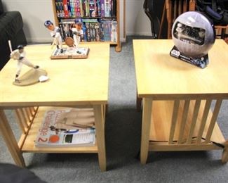 Pair of Wood Tables and Sports Memorabilia