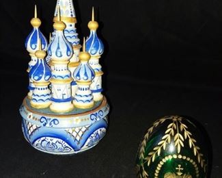 Russian Wooden Music Box and Etched Glass Egg