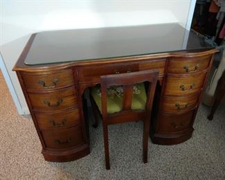 Stained Wooden Desk with Glass Movable Top, and Desk Chair