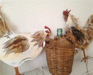 Feathered chickens; vintage French wicker wrapped demijohn
