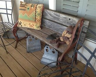 Rustic bench; two metal chairs