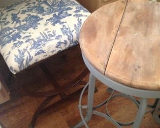 Toile upholstered bench; industrial style stool